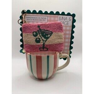 NEW Luna & Sage Mug & Beaded Pouch Gift Set Martini Cocktail Handmade India
